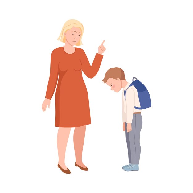 Madre molesta reprendiendo a su hijo por mal comportamiento en la escuela Ilustración vectorial