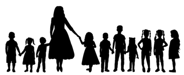 Madre y muchos niños silueta vector aislado