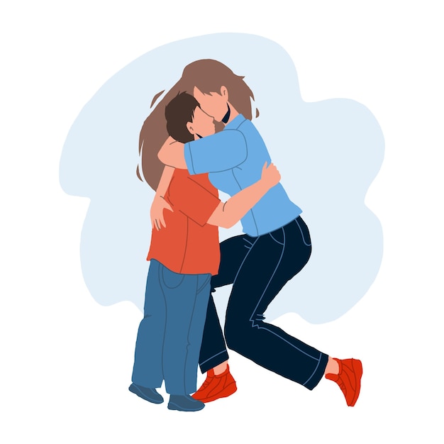 Madre, mujer, abrazar, con, amor, bebé, hijo, vector. Hermana de la niña joven que abraza al hermano del niño. Personajes amistosos abrazándose juntos, familia disfrutando y tener tiempo sensual Ilustración de dibujos animados plana