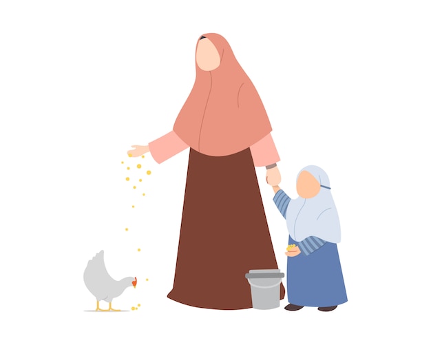 Madre musulmana enseñando a su hija a alimentar pollo