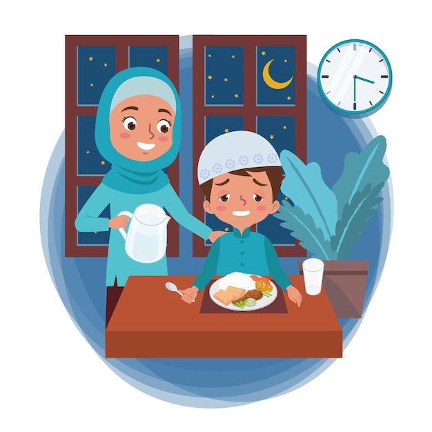 Una madre musulmana prepara la comida antes del amanecer en el mes de Ramadán para su hijo dormido