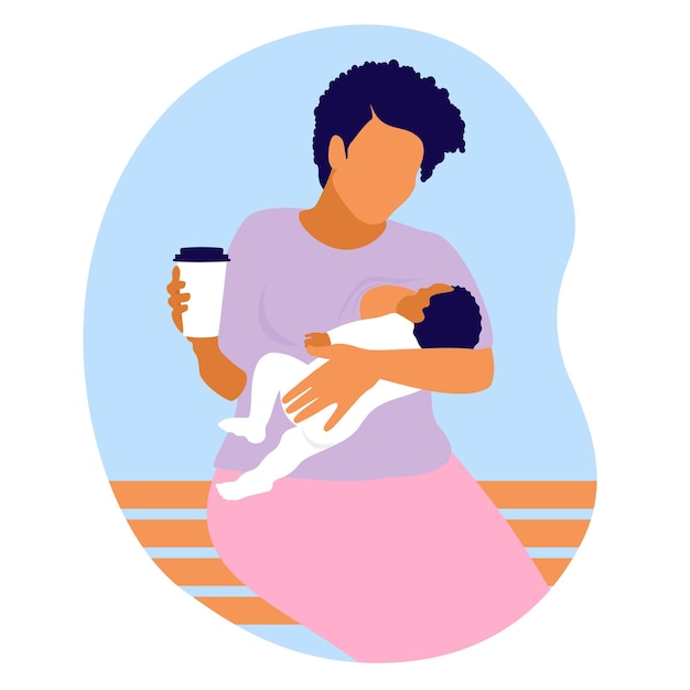 Madre con un niño en brazos la lactancia materna se sienta en un banco y bebe café vaso de café en la mano las mamás necesitan café alimentar a un niño en un lugar público vector ilustración plana