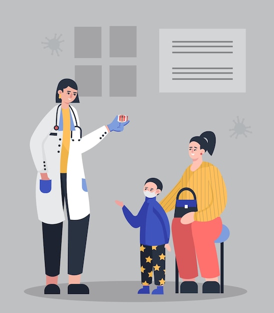 Madre con niño hablando con un médico profesional Protección contra enfermedades y virus
