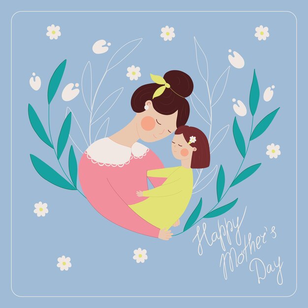 Vector madre con un niño pequeño en sus brazos flores en el fondo tarjeta de felicitación para el día de la madre ilustración vectorial