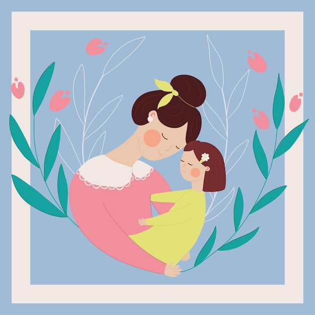 Vector madre con un niño pequeño en sus brazos flores en el fondo tarjeta de felicitación para el día de la madre ilustración vectorial