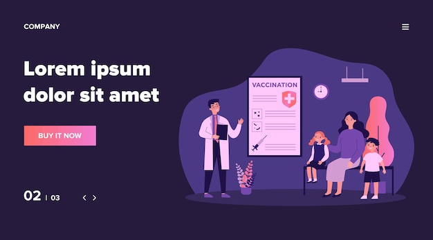 Madre con niños que consultan al pediatra sobre vacunación en el hospital. Médico presentando vacuna. Se puede utilizar para la salud, la protección contra la gripe, el concepto de prevención de enfermedades