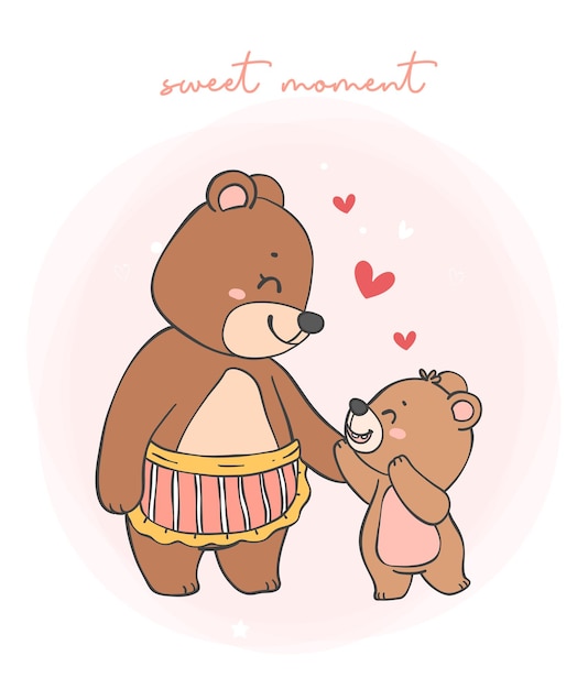 Madre osa y bebé oso conmovedora ilustración de dibujos animados doodle
