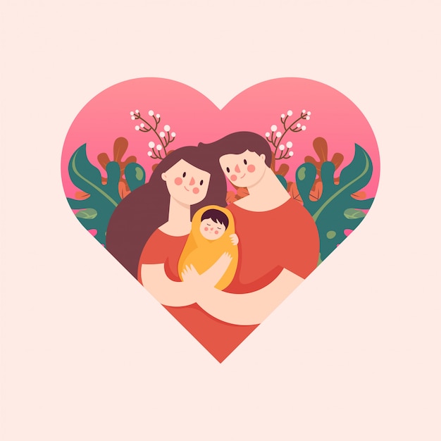 Vector madre y padre abrazando la emoción de amor del bebé en el corazón floral