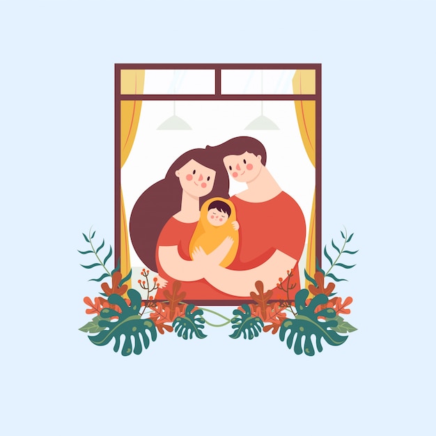 Madre y padre abrazando la emoción de amor del bebé en una ventana floral