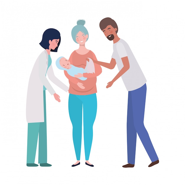 Madre y padre con bebé y médico