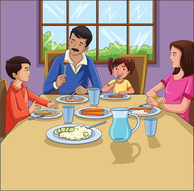 Madre y padre cenando con sus hijos ilustración vectorial