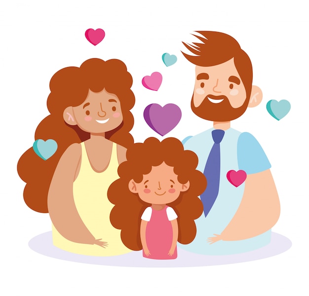 Vector madre padre e hija con diseño de corazones