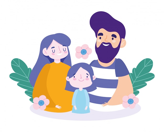 Vector madre padre e hija con diseño de hojas y flores