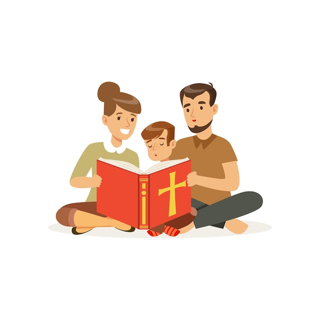 Madre padre e hijo sentados en el suelo y leyendo el libro sagrado familia religiosa padres e hijos personajes de dibujos animados de cristianos diseño vectorial plano