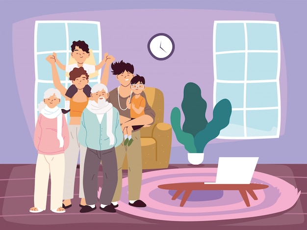 Madre, padre e hijos con dibujos animados de abuelos en la habitación del hogar.
