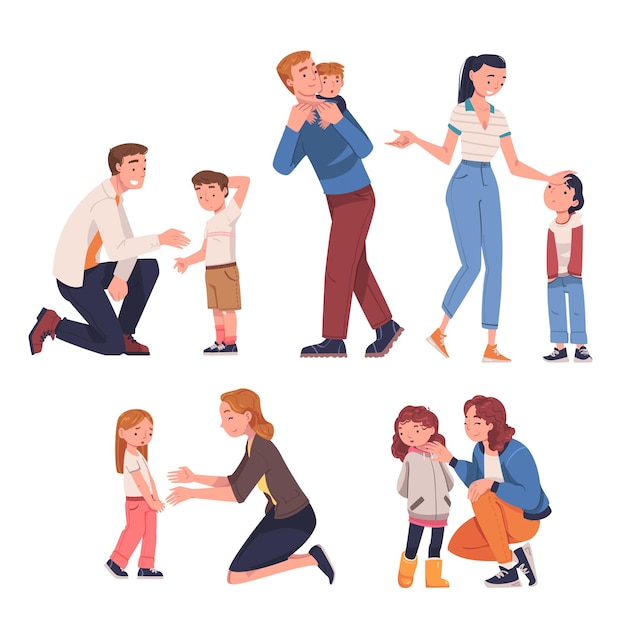 Madre y padre hablando con su hijo apoyándolo y calmándolo conjunto vectorial