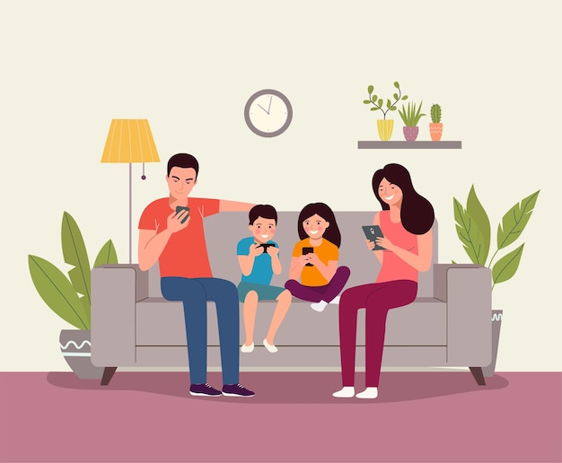 Madre y padre con hijos sentados en el sofá con smartphones. Ilustración vectorial plana