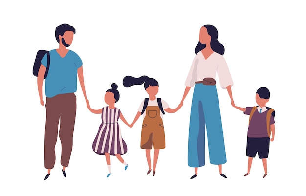 Madre y padre llevando a sus hijos a la escuela. Retrato de familia moderna caminando juntos. Padres e hijos cogidos de la mano aislados sobre fondo blanco. Ilustración de vector colorido en estilo plano.