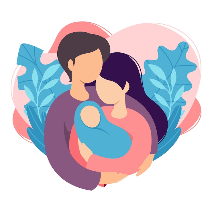 Vector madre y padre con su bebé recién nacido. pareja de esposo y esposa se convierten en padres. hombre abrazando a mujer con niño. maternidad, paternidad, paternidad.