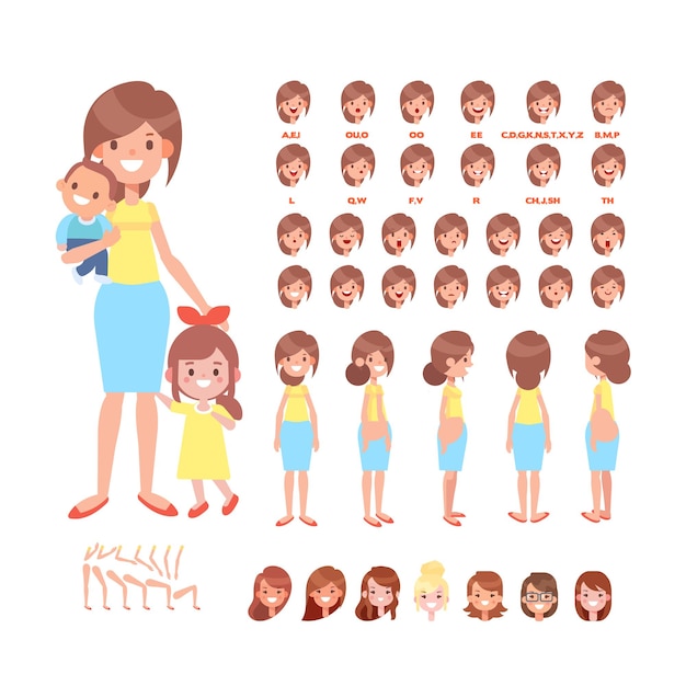 Madre con personaje de niño para animación Varias emociones de peinados Vista frontal posterior
