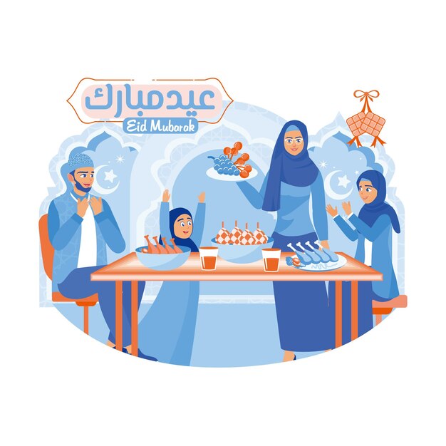 Una madre prepara comida en la mesa de comedor Comiendo ketupat con la familia durante el Eid al-Fitr Feliz Eid Mubarak concepto Ilustración de vector plano