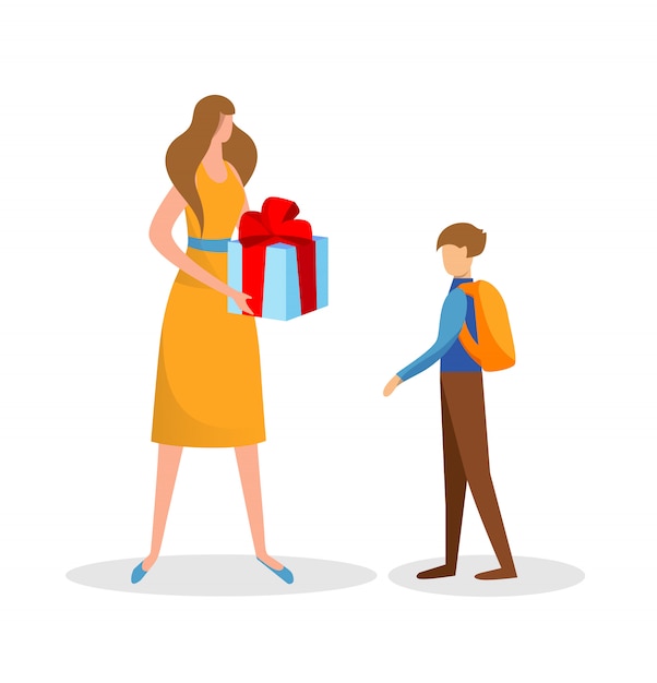 Madre preparada regalo sorpresa para el hijo. Cumpleaños.