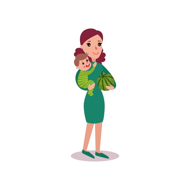 Madre con sandía en un brazo y bebé en el otro, vector de concepto de super mamá Ilustración aislada en un fondo blanco