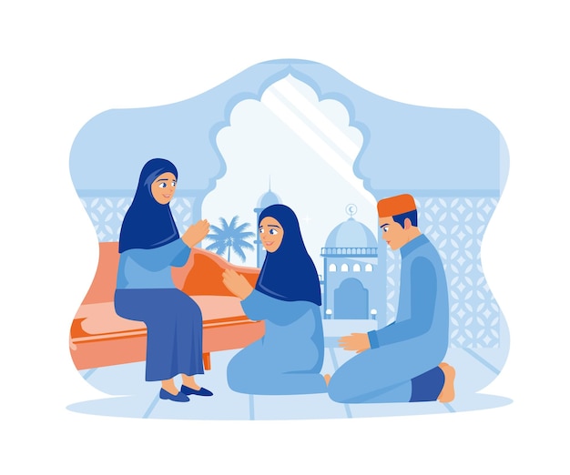 La madre se sienta en el sofá de la casa Los niños se arrodillaron y se disculparon Feliz concepto de Eid Mubarak.