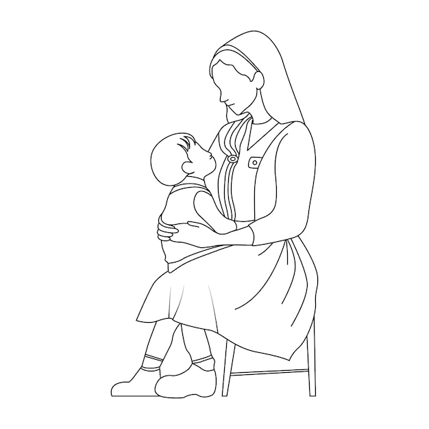 La madre de una sola línea abraza a su niña con el contorno de la gente ilustración vectorial de dibujos animados