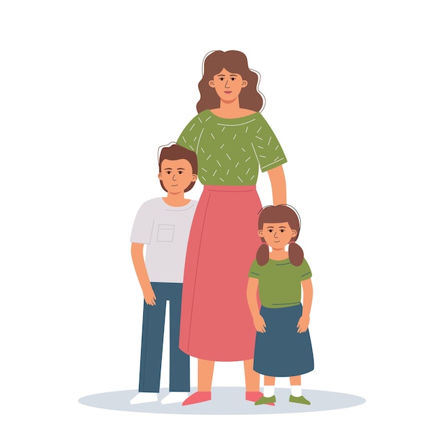 Una madre soltera con sus hijos está abrazada. el concepto de amor y apoyo en la familia.