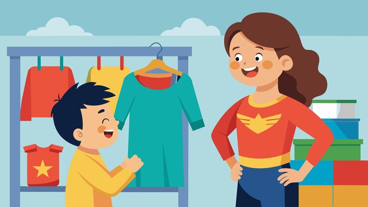 Vector una madre sonríe mientras ve a su hijo probar con entusiasmo un nuevo disfraz de superhéroe en un parque infantil