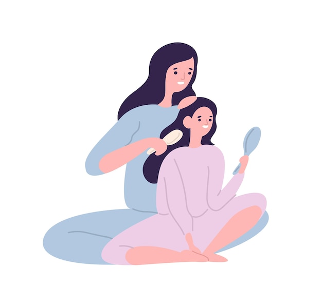 Madre sonriente cepillarse el cabello de la hija con el cepillo para el cabello. Linda divertida mamá y niño en pijama pasar tiempo en casa. Padre e hijo se divierten juntos. Ilustración de vector colorido de dibujos animados plana.