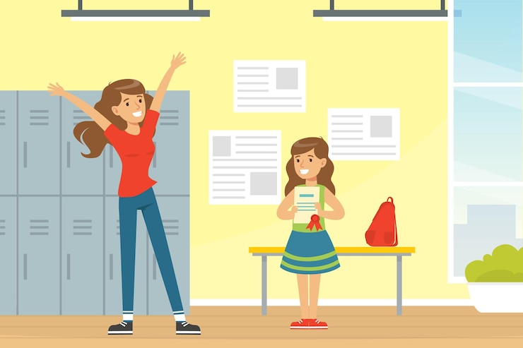 Vector una madre sonriente felicitando a su hija con una ilustración vectorial del premio del certificado