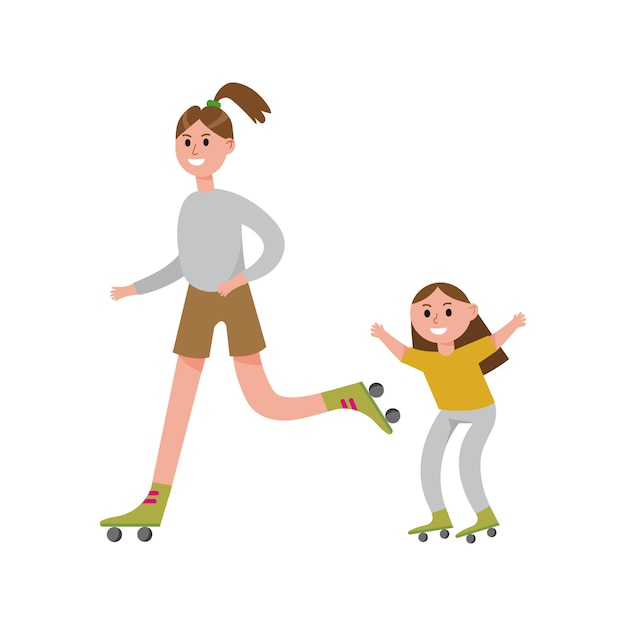 Madre sonriente con su hija personajes de dibujos animados de patinaje sobre ruedas, familia feliz jugando deportes juntos vector ilustración aislada sobre fondo blanco