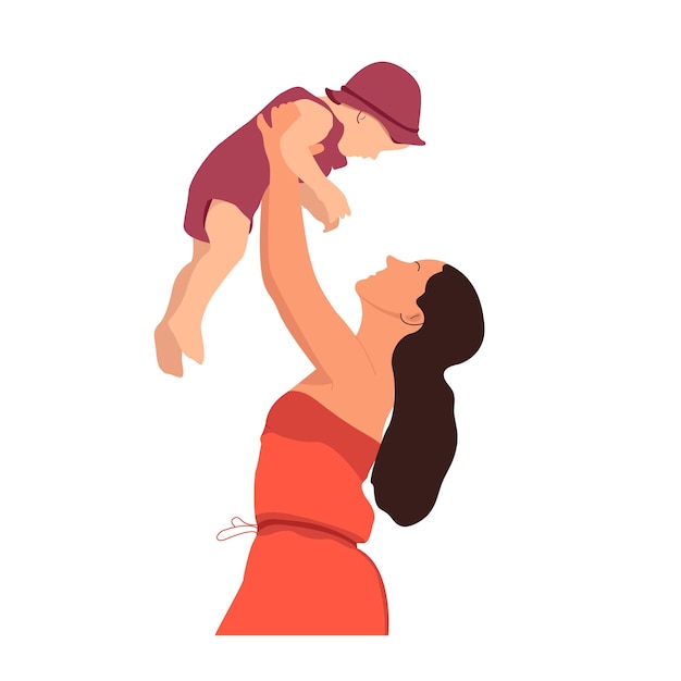 Vector madre sosteniendo al bebé sobre su cabeza ilustración plana