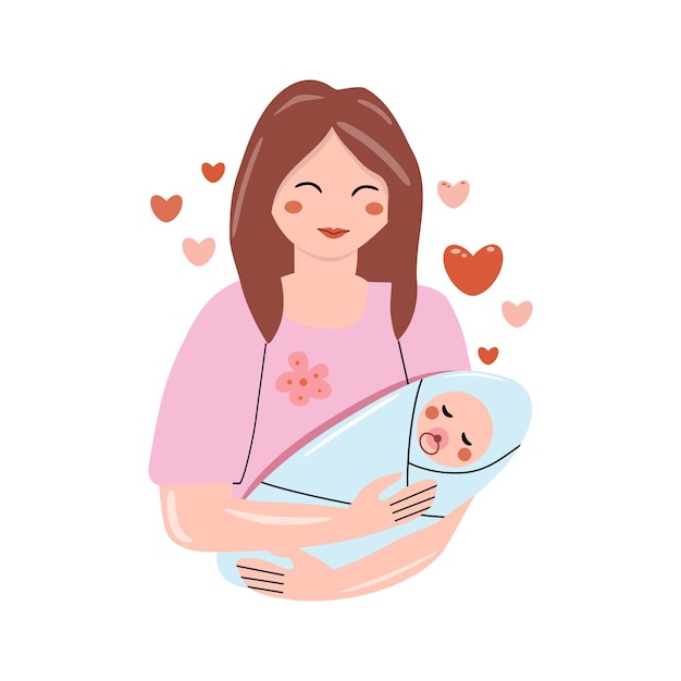 Madre sosteniendo a un bebé recién nacido con corazones a su alrededor