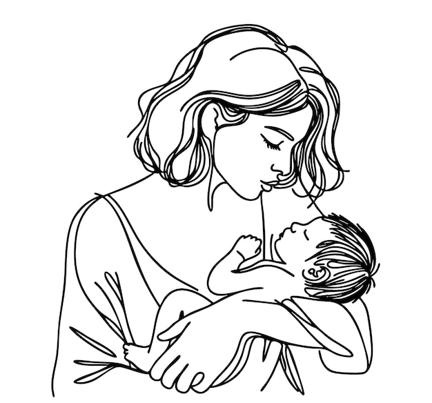 Madre sosteniendo a un bebé recién nacido Retrato de familia de arte de línea Madre quiere besar a su bebé Ilustración vectorial