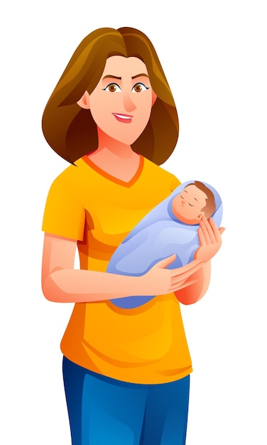Madre sosteniendo a su bebé recién nacido en los brazos Ilustración de dibujos animados vectorial