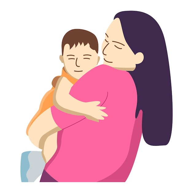 Madre sosteniendo su hijo suavemente y abrazando a su hijo dibujo vectorial plano para niños saludo de libro