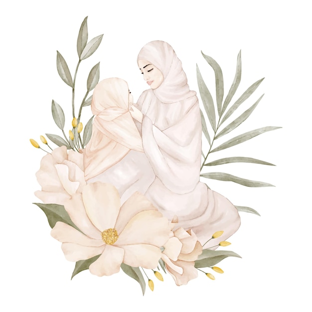 Una madre con su bebé entre flores y hojas