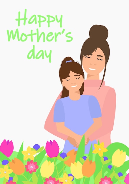 Una madre y su hija se abrazan en un jardín con las palabras día de la madre.