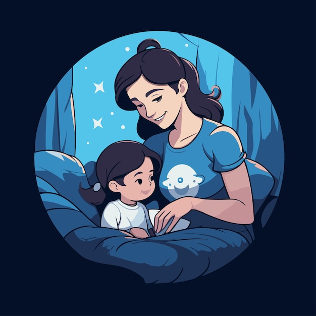 Madre y su hija en la cama ilustración vectorial al estilo de dibujos animados