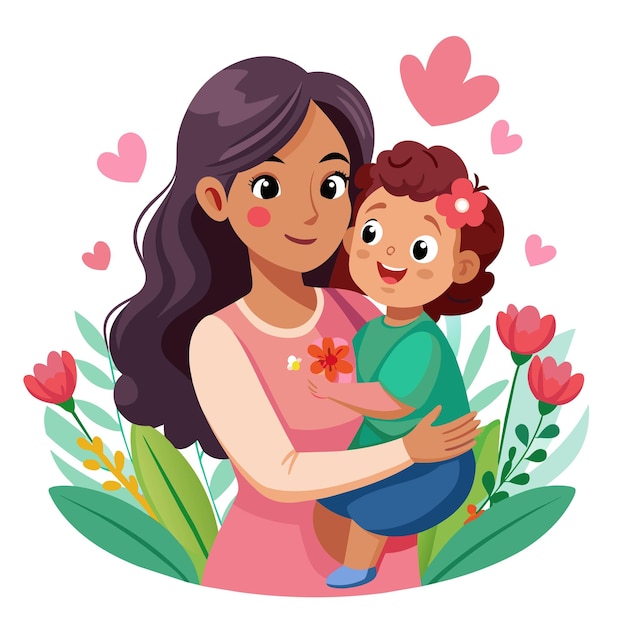 una madre y su hijo en un jardín de flores