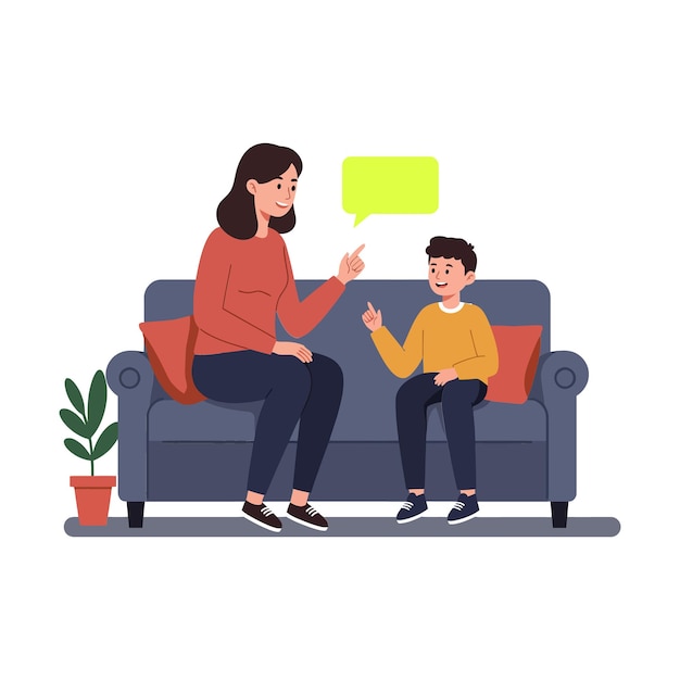 Una madre y su hijo participan en una conversación animada mientras están sentados en un cómodo sofá en una ilustración vectorial plana que muestra la calidez y la conexión