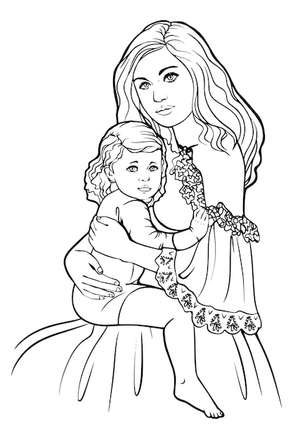 Una madre con su niña. Esbozo en blanco y negro dibujado a mano que representa a una madre y un niño felices