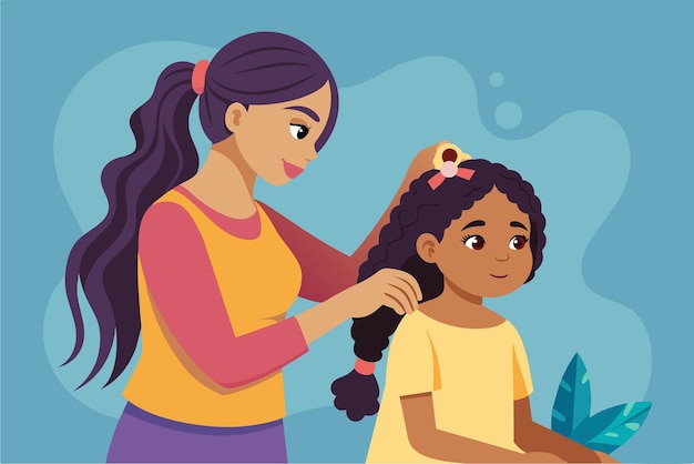 Vector una madre trenzando el cabello de sus hijas