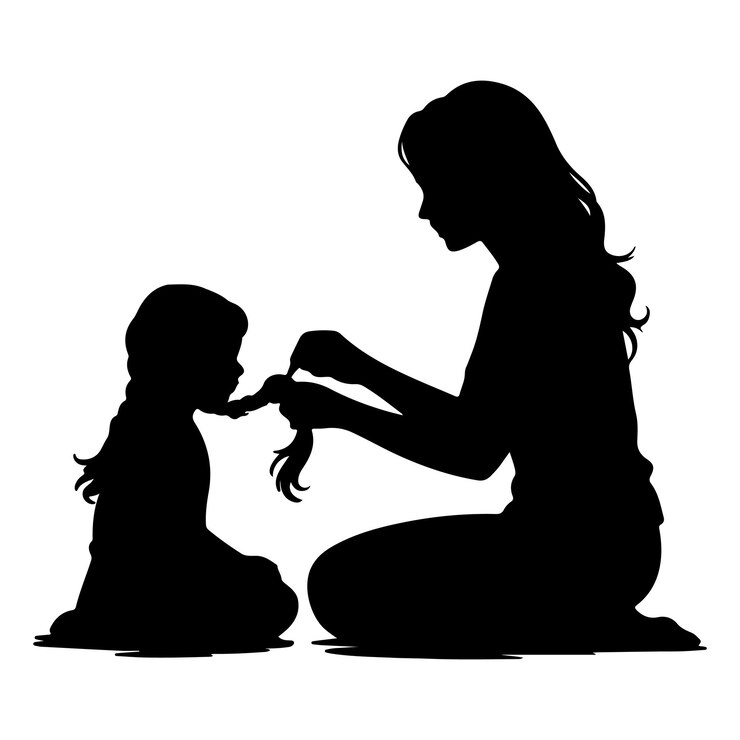 Madre trenzando la silueta del cabello de sus hijas