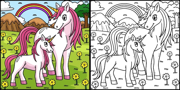 Madre Unicornio y Bebé Unicornio Ilustración