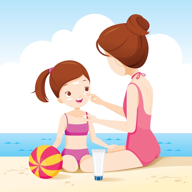 Madre vistiendo protector solar en la cara de la hija en la playa