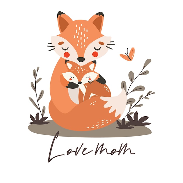 Madre zorro y bebé estilo de dibujos animados ilustración del día de la madre animal lindo